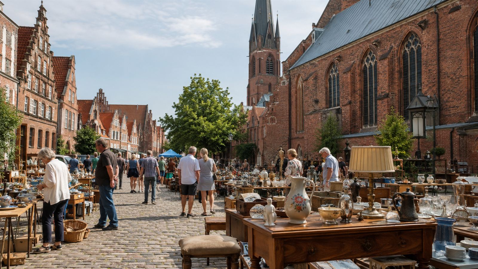 Morning flea market around a church in the old town with stalls and browsing visitors