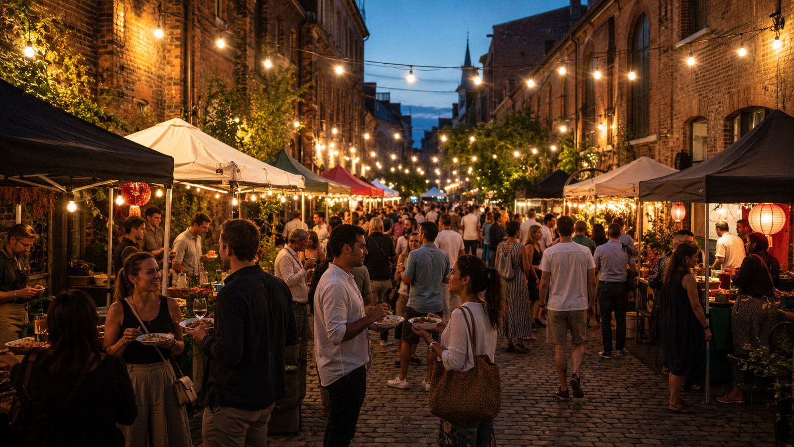 Food stalls with international specialities in an old town lane in the evening, visitors strolling