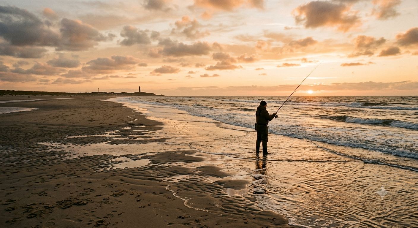 Brandungsangler mit langer Angelrute am Sandstrand der Nordsee bei Abendlicht