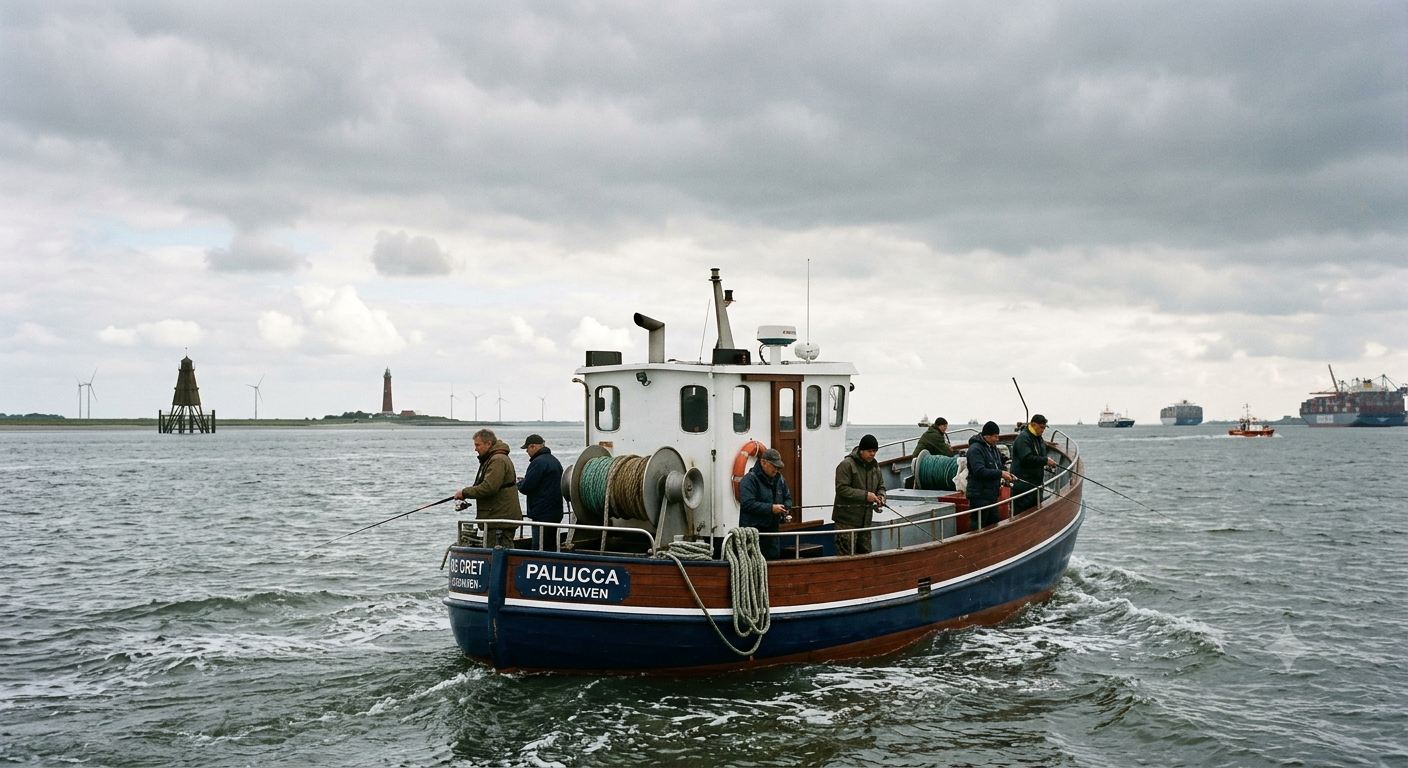 Angelkutter auf der Nordsee mit Anglern an der Reling bei sonnigem Wetter