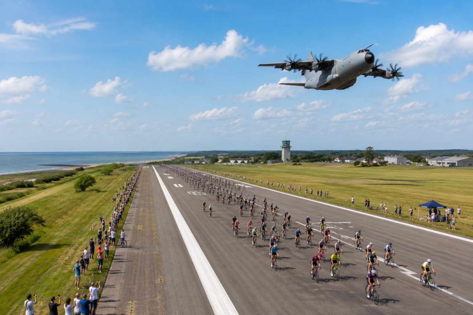 Luftbild: Radrennen auf der Landebahn in Nordholz mit Marine-Transportflugzeug über dem Feld