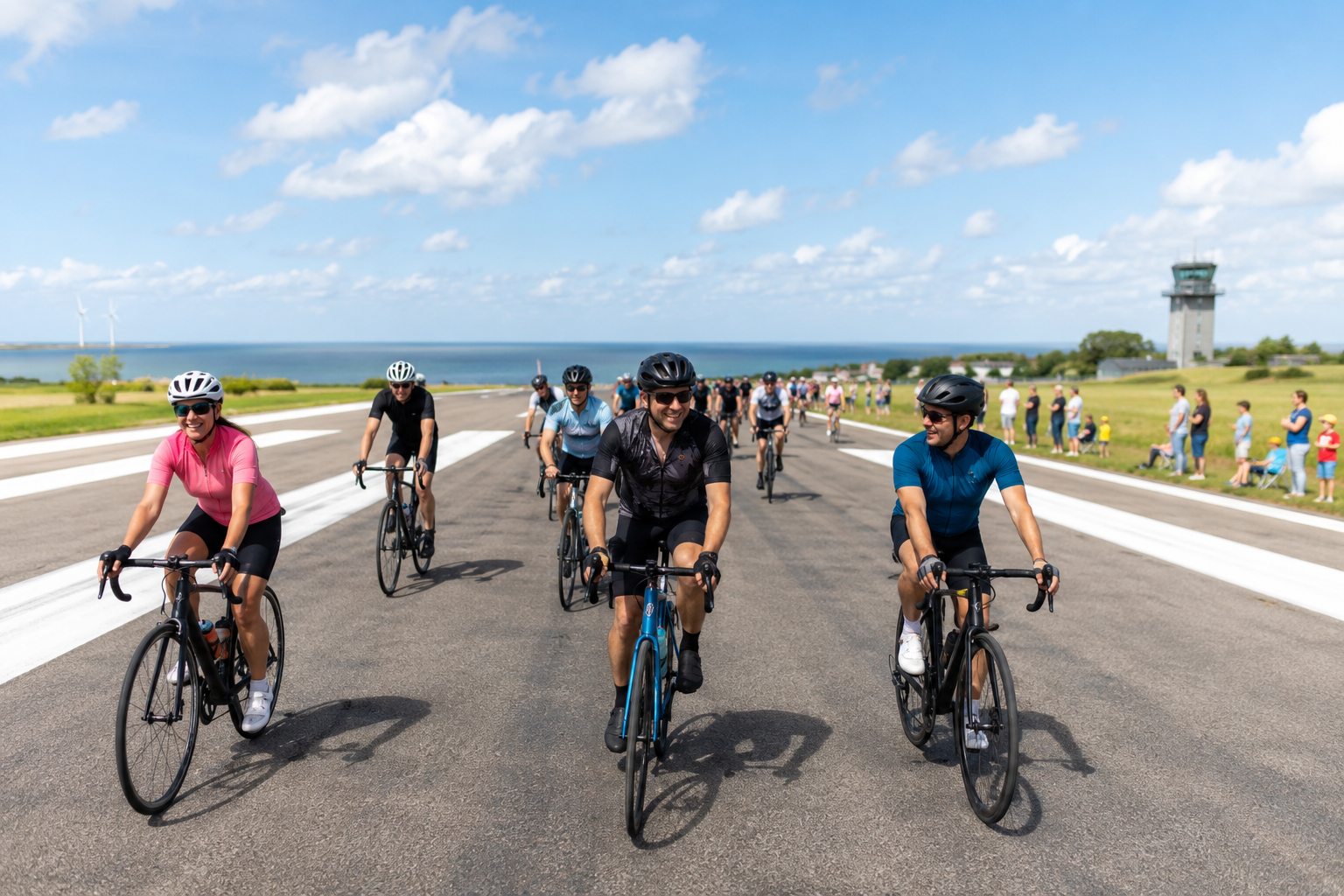 Radfahrer auf der Landebahn in Nordholz mit Blick auf die Nordsee