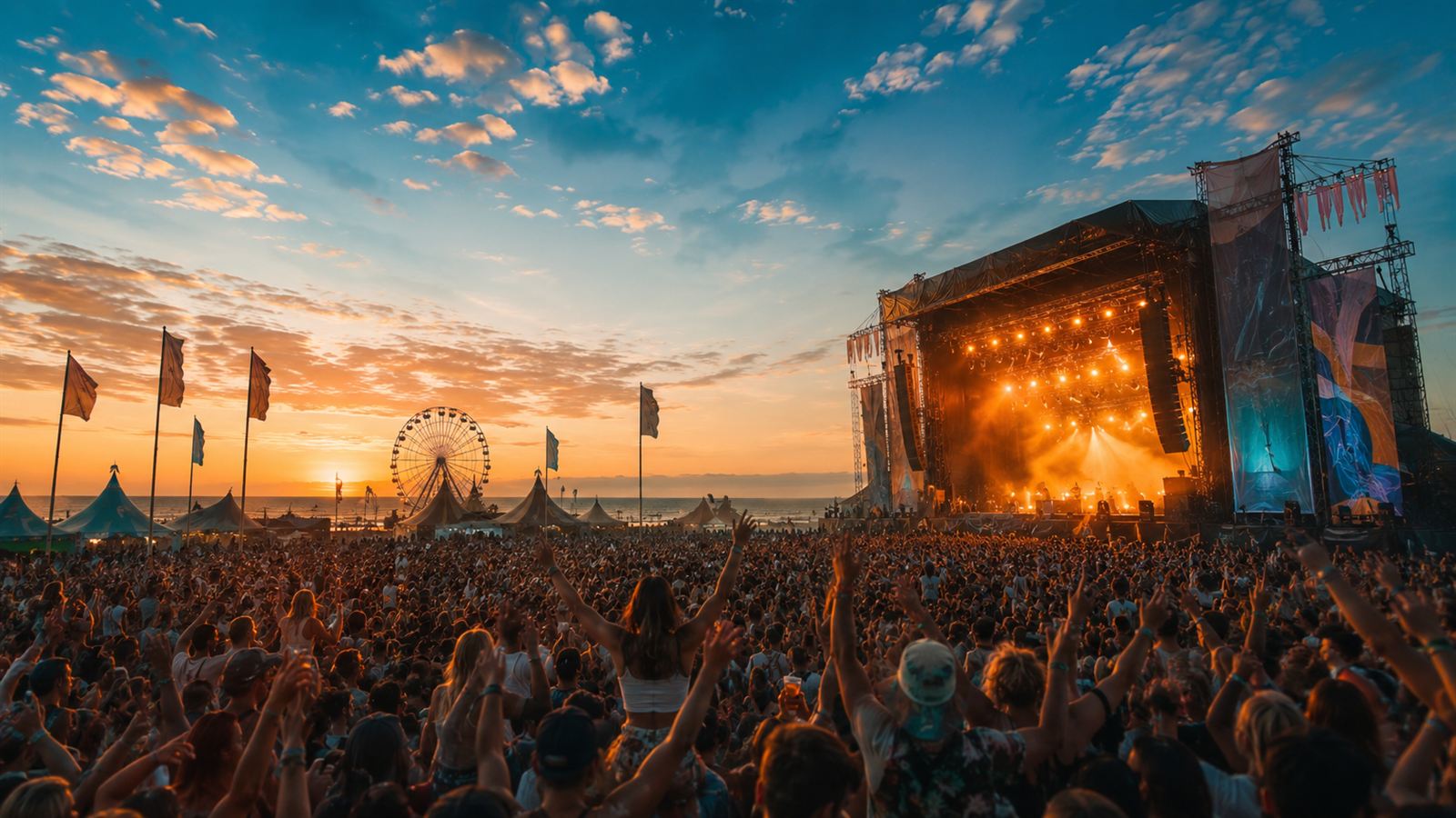Festival stage at sunset with a crowd and a ferris wheel on the North Sea coast