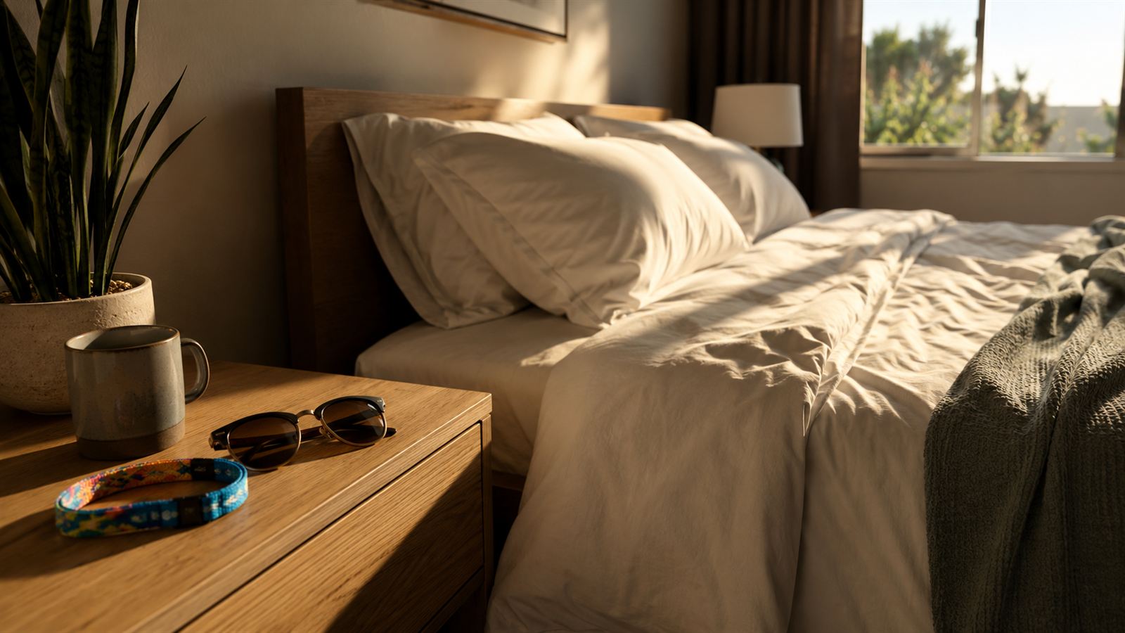 Cosy bright guest room in the morning with a festival wristband, sunglasses and coffee on the bedside table