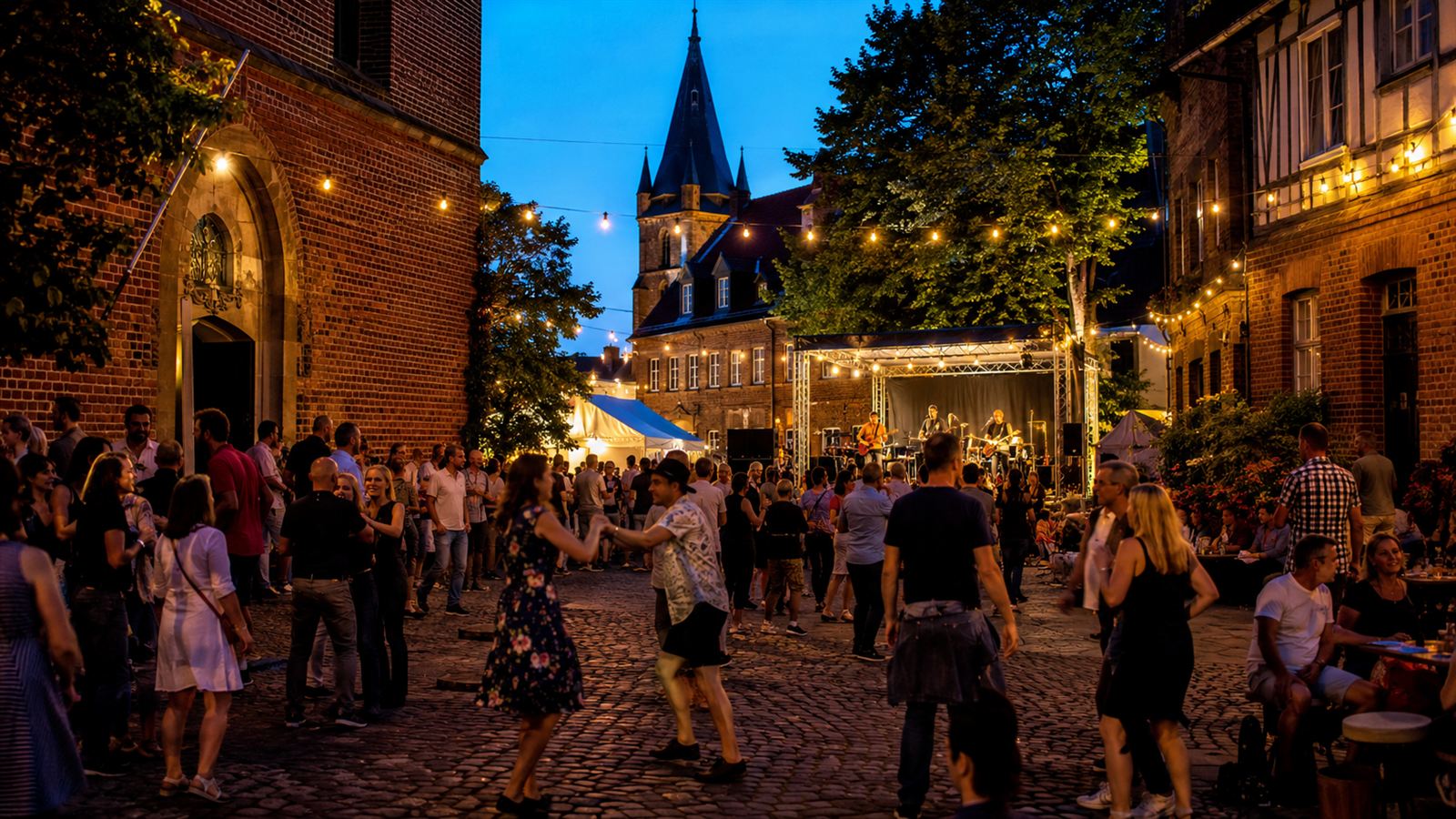 Evening summer festival in a historic old town with a stage, string lights and people celebrating
