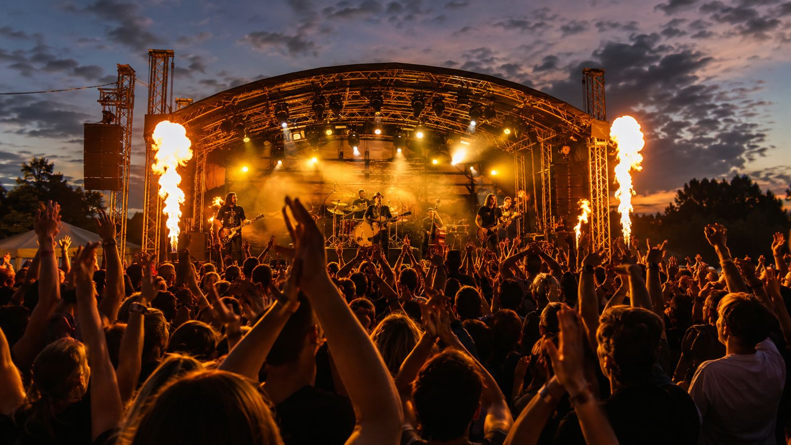 Open-air stage at dusk with lights and an audience at a folk-rock concert