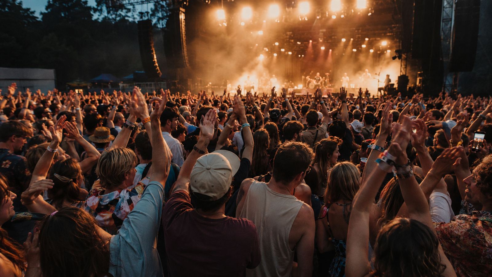 Cheering concert audience in front of an open-air stage in the evening with raised hands