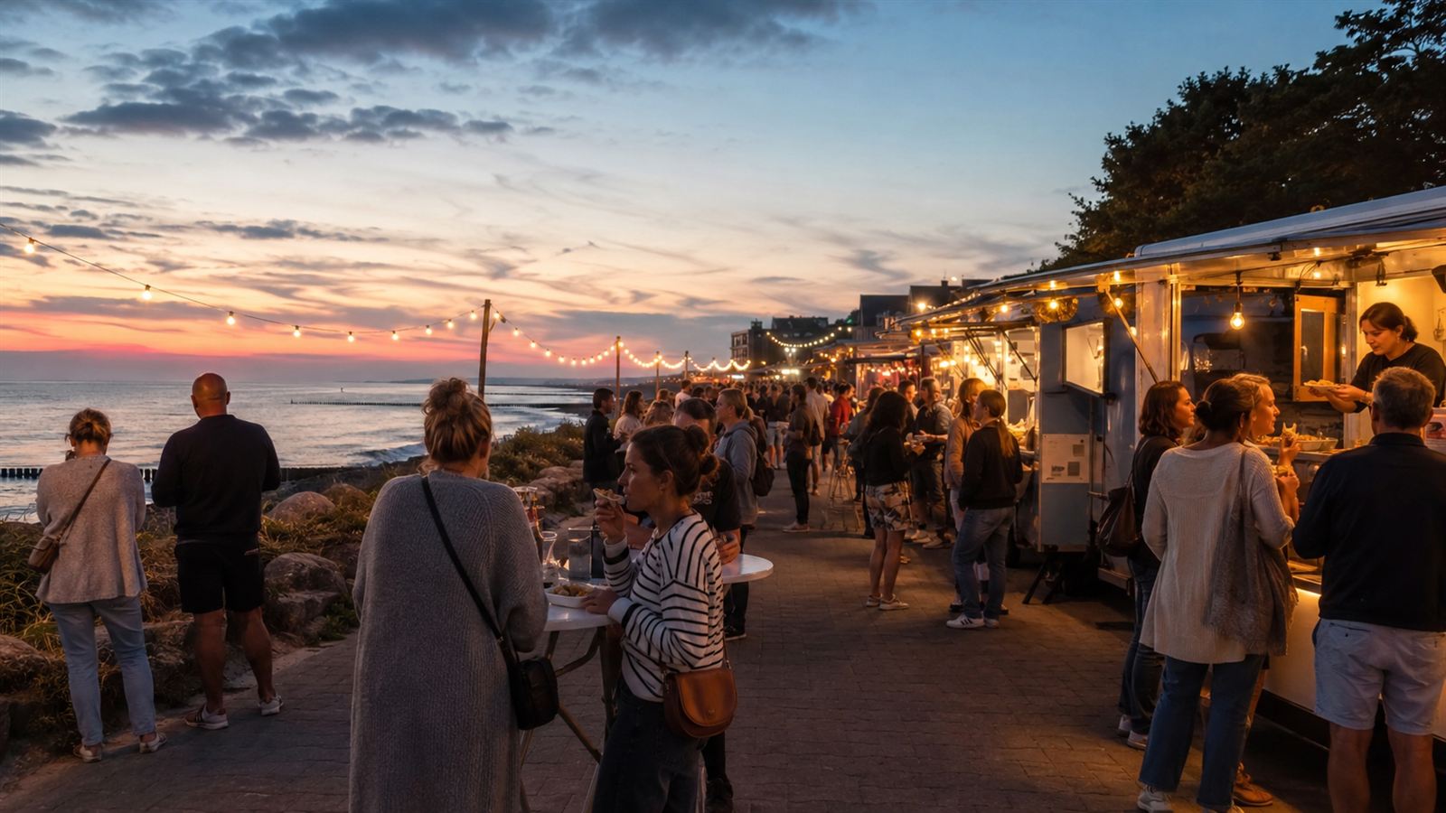 Foodtrucks und Stände mit internationalen Spezialitäten entlang der Duhner Strandpromenade am Abend