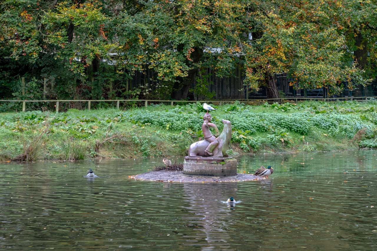 Pond in the Kurpark Döse with ducks and a sculpture of a boy riding a sea lion on a small island